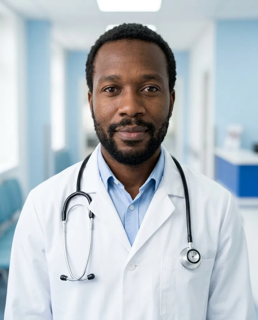 Headshot AI result: Man in his mid 30s with a beard: Doctor / Healthcare + Clinic Bright