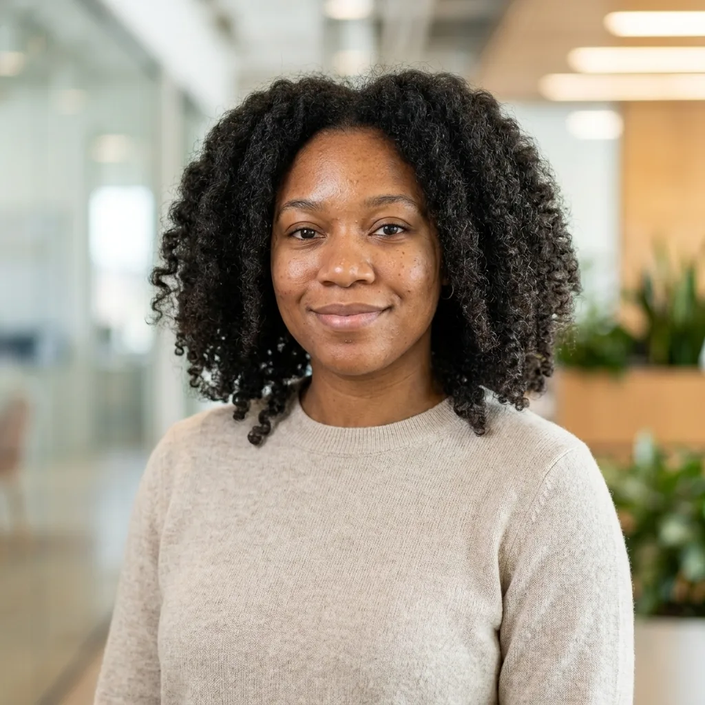 LinkedIn Headshot result: Woman in her mid 20s with curly hair: Business Casual + Modern Office
